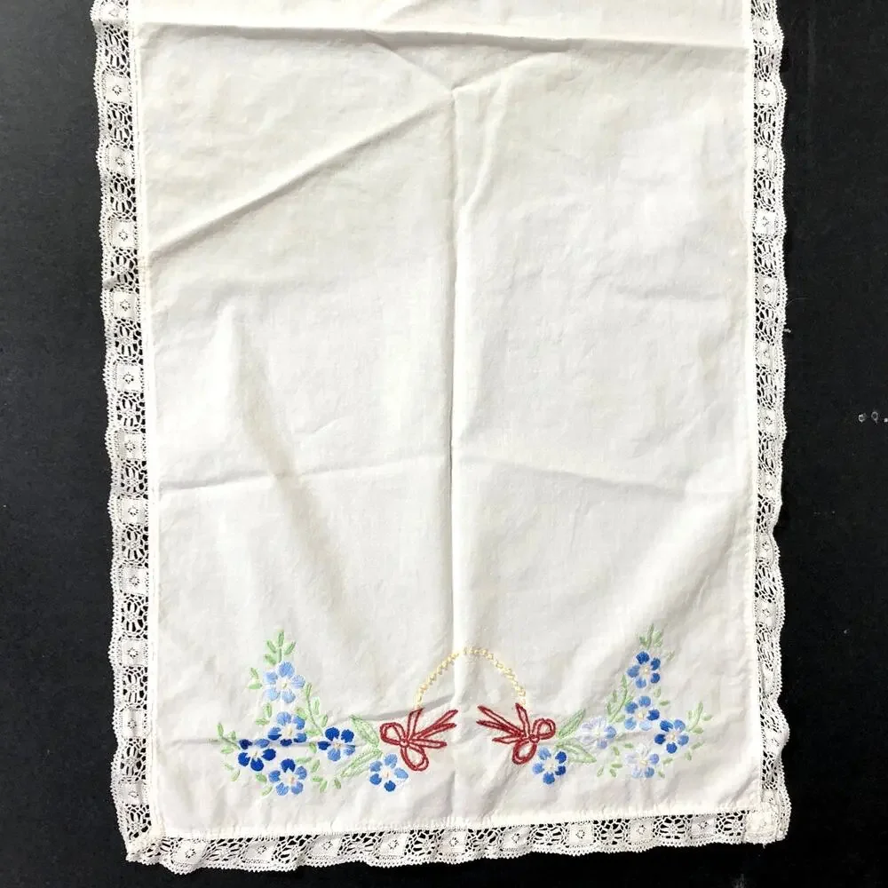 Vintage Small Table Runner with Bows and Flowers, Lace Edges 34” x 14” size